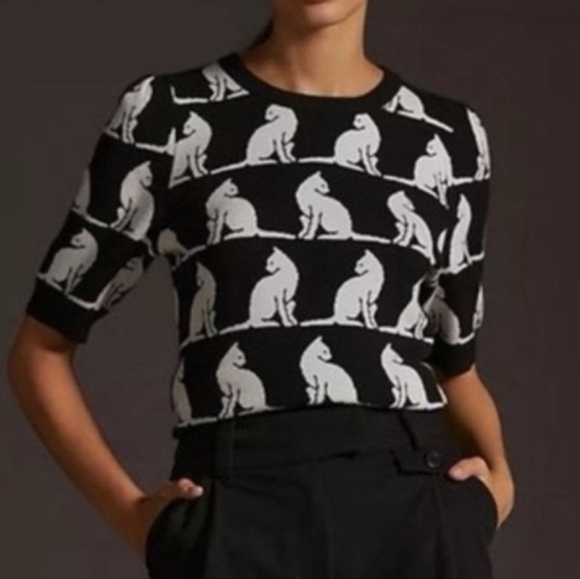 ANTHROPOLOGIE MAEVE HARMON JACQUARD Black White Cat Sweater Short Sleeve - Picture 3 of 6